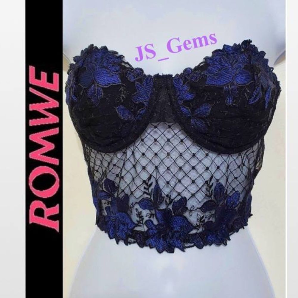 Romwe Bra Bralette Womens Large 8 10 Black Lace Blue Floral Bandeau Underwire